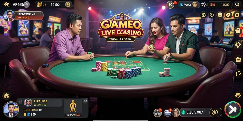 Screenshot gameplay Live Casino AP686 menampilkan momen seru dengan dealer profesional.