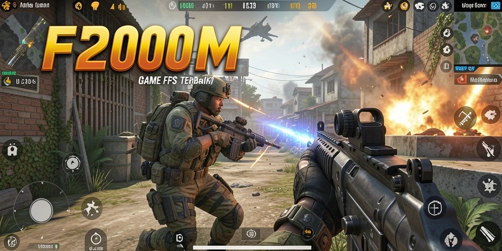 Screenshot gameplay F200M menampilkan aksi tembak-menembak yang mendebarkan.