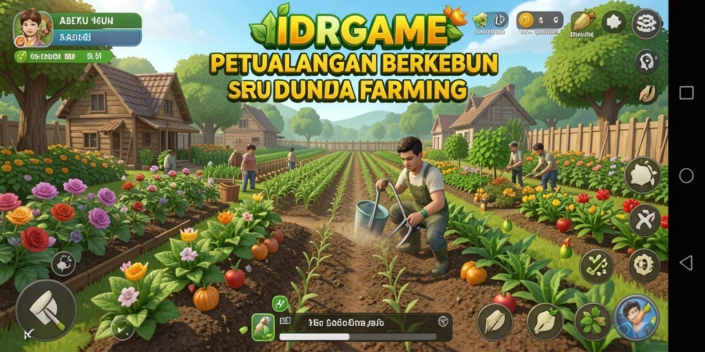 Screenshot gameplay IDRGAME menampilkan ladang yang subur dengan berbagai tanaman.