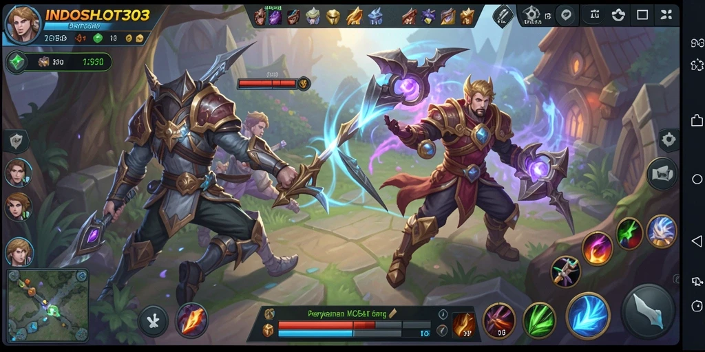 Screenshot INDOSLOT303 menampilkan pertempuran seru di arena MOBA.