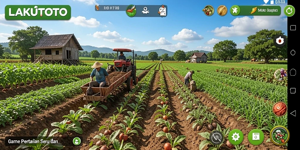 Tampilan gameplay LAKUTOTO yang menampilkan ladang subur dan aktivitas berkebun.