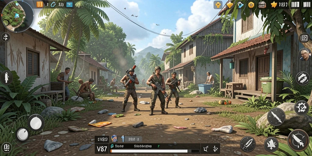 Screenshot gameplay V87 menampilkan karakter yang berinteraksi dalam dunia virtual.